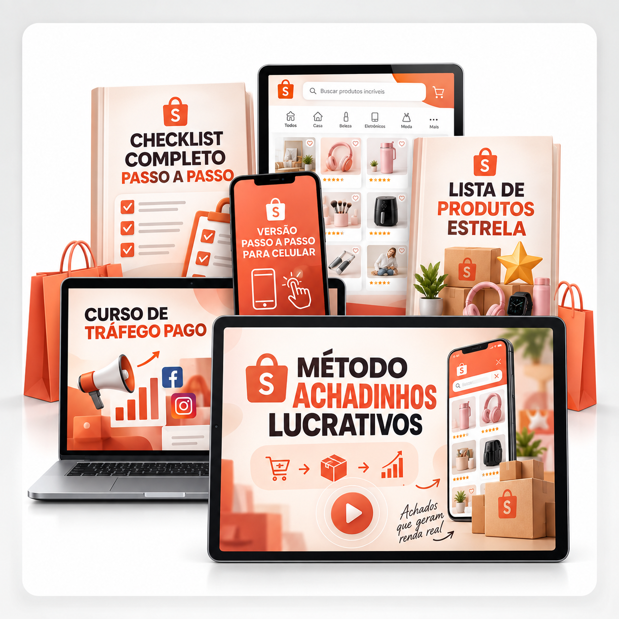 Método Meus Achadinhos Lucrativos em celular, tablet e computador