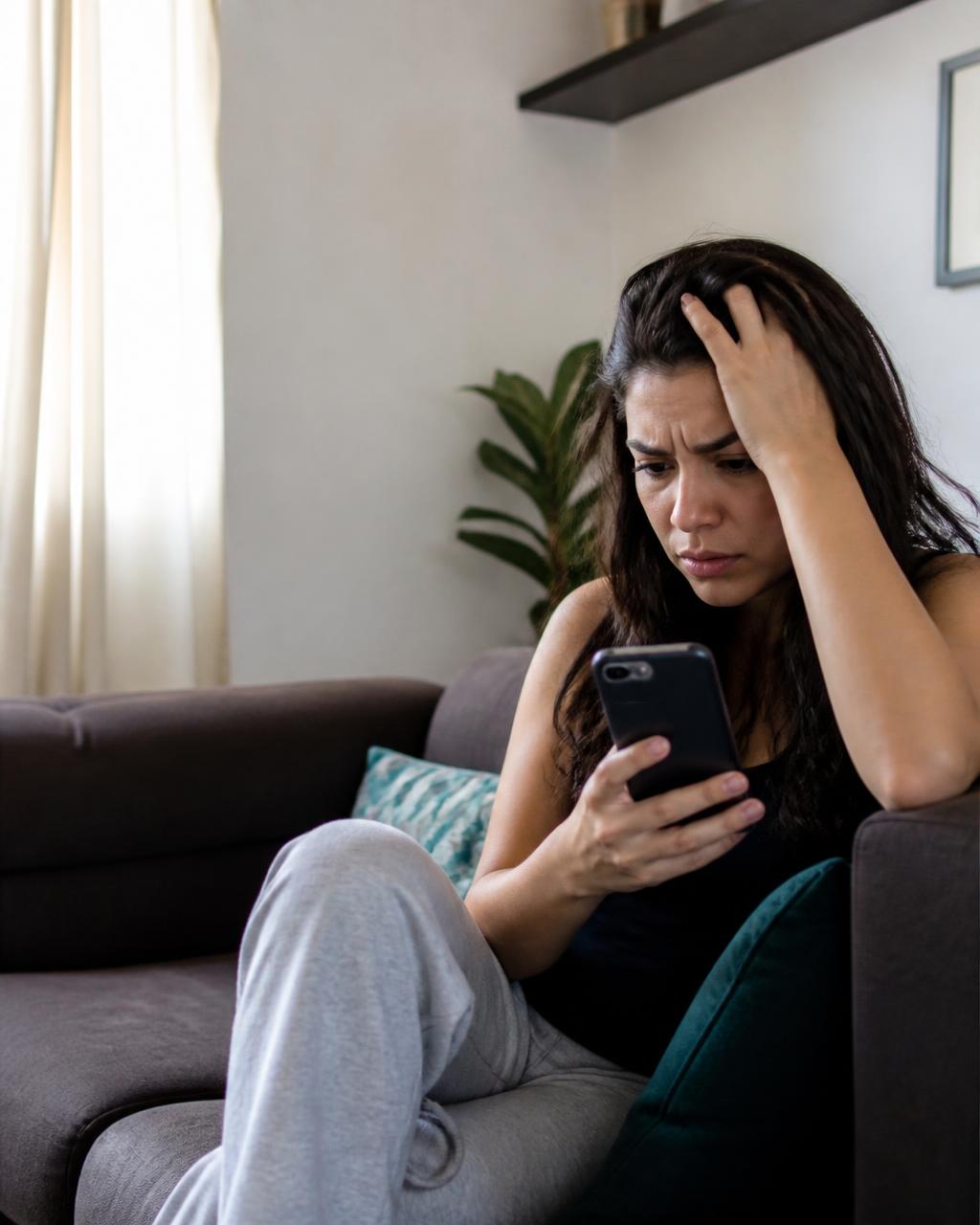 Antes: mulher confusa e preocupada com o celular